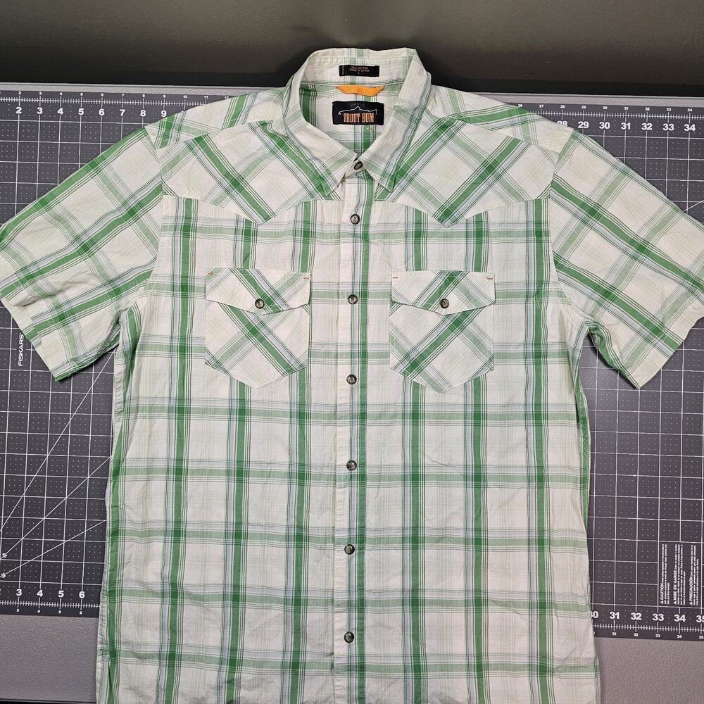 Orvis Troutbum Shirt Large Western Pearl Snap Plaid Green White Fishing Outdoors